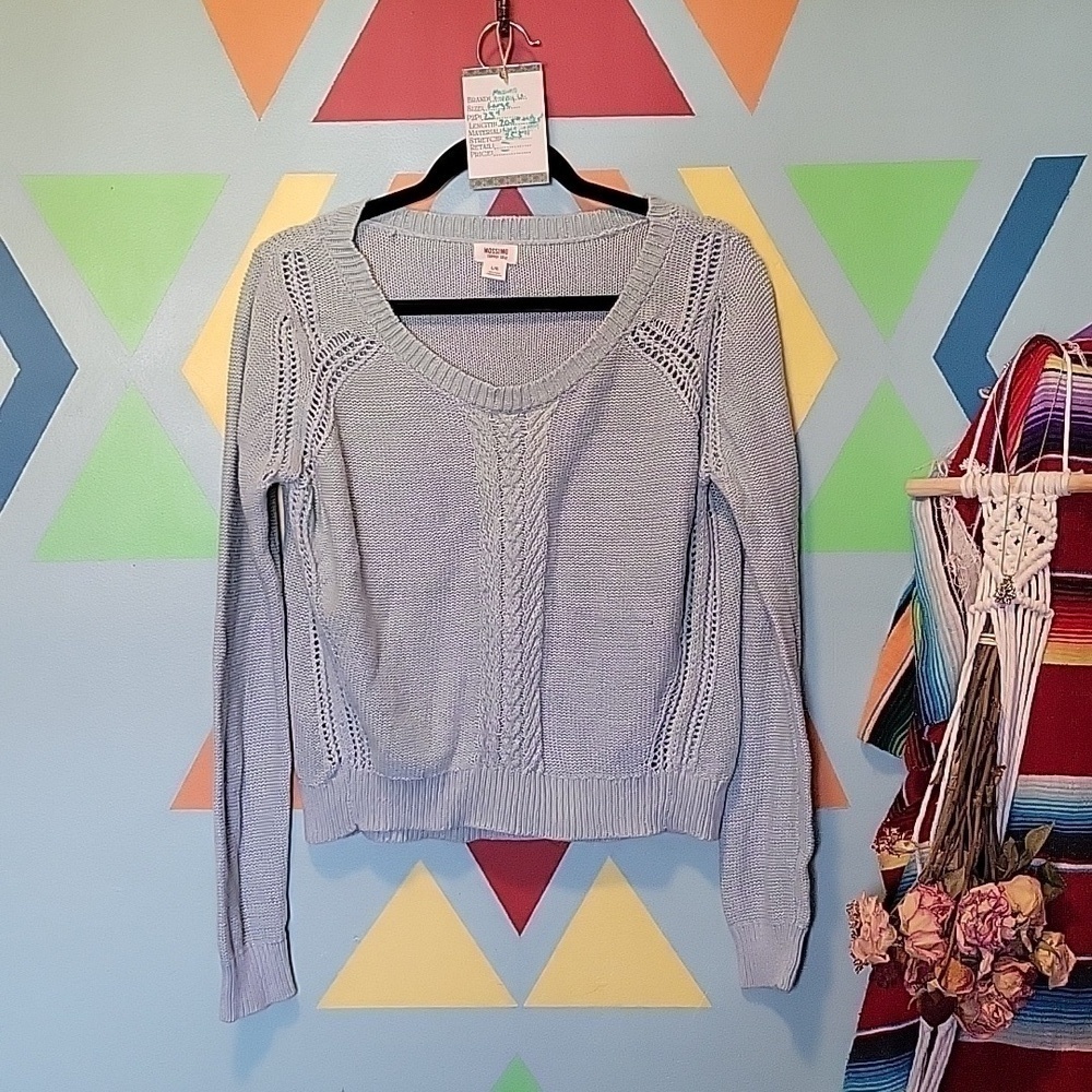 Mossimo Women's Cable Knit Linen Blend Crew Sweater Heathered Green Blue Size L